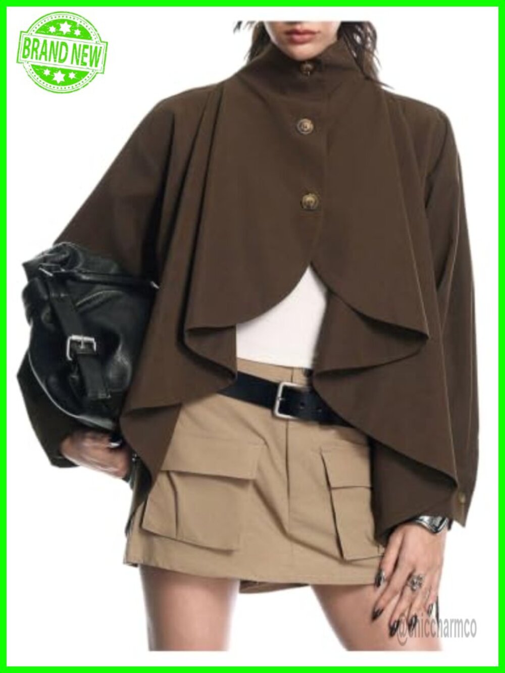 Cropped Trench Coat Asymmetrical Belted Jacket Women's Polyester Outerwear